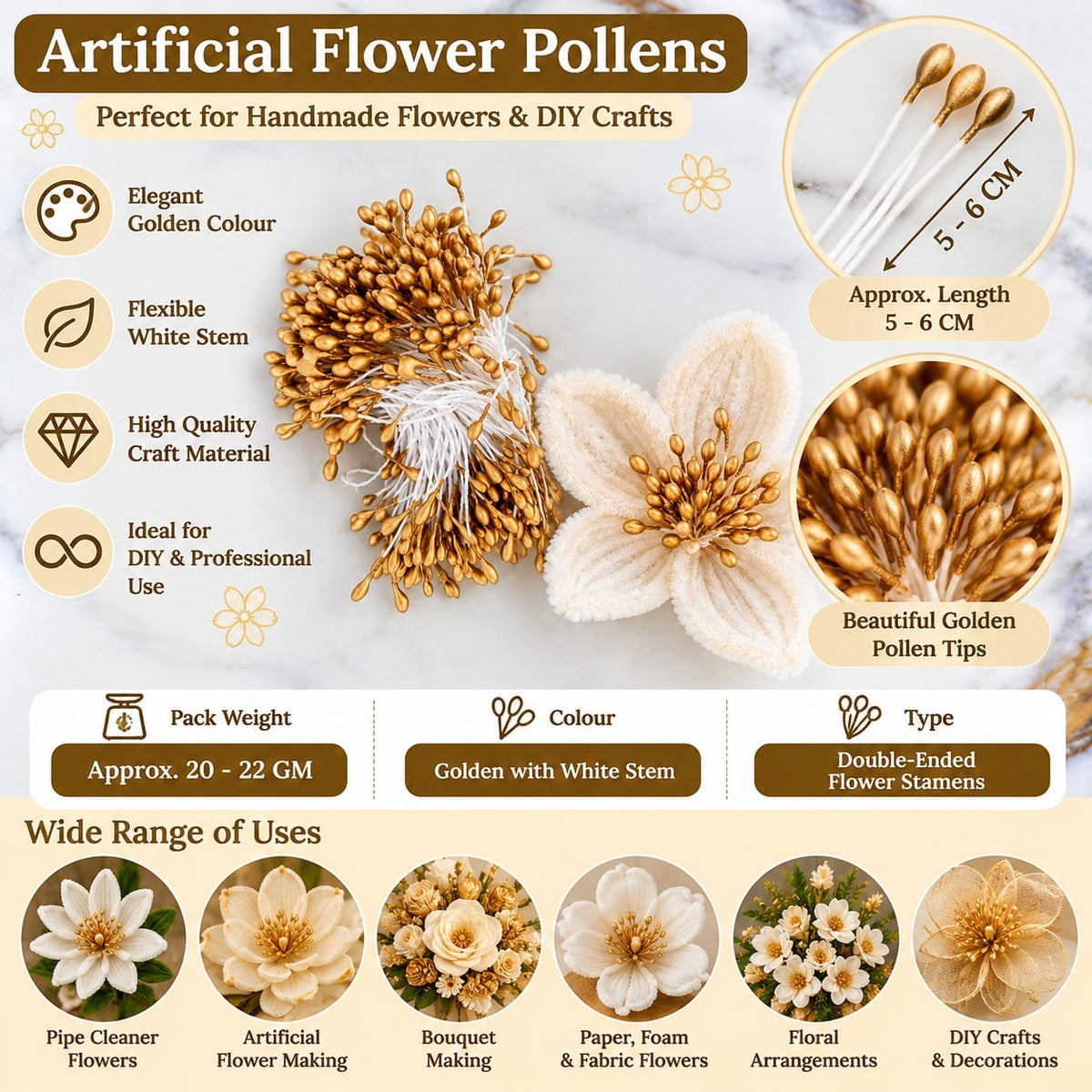 Golden Artificial Flower Polons / Stamens for Flower Making – 5–6 CM | Approx. 20–22 GM Pack 01601c12