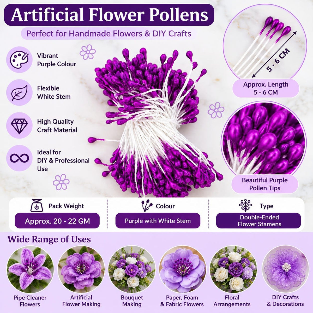 Purple Artificial Flower Polons / Stamens for Flower Making – 5–6 CM | Approx. 20–22 GM Pack 01601C13
