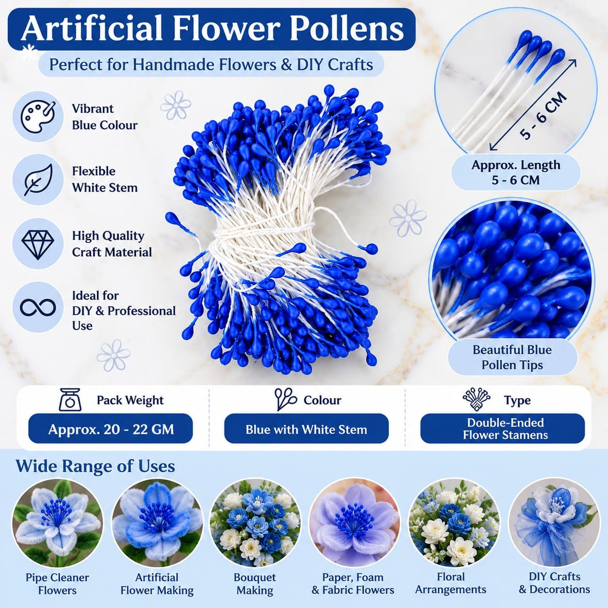 Blue Artificial Flower Polons / Stamens for Flower Making – 5–6 CM | Approx. 20–22 GM Pack 01601c14