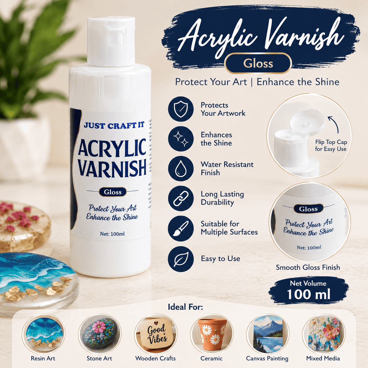 Just Craft It Acrylic Varnish Gloss – Protective Gloss Finish for Art & Craft | 100 ML | Pack of 1 112046