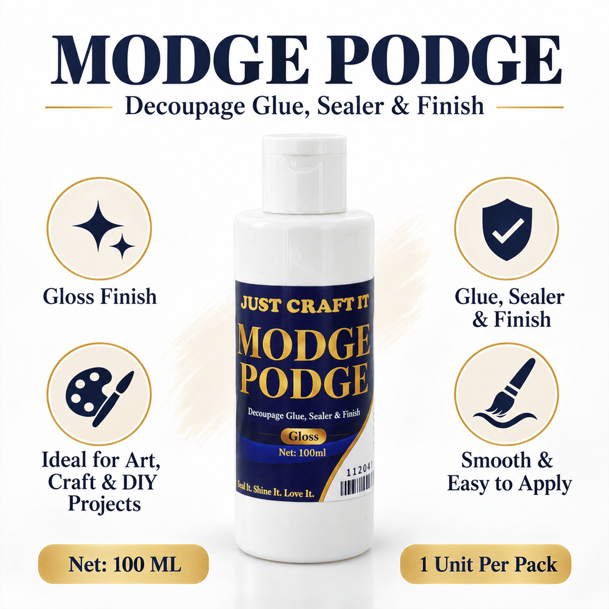 Just Craft It Modge Podge Gloss – Decoupage Glue, Sealer & Finish for Art, Craft & DIY | 100 ML | Pack of 1 112047