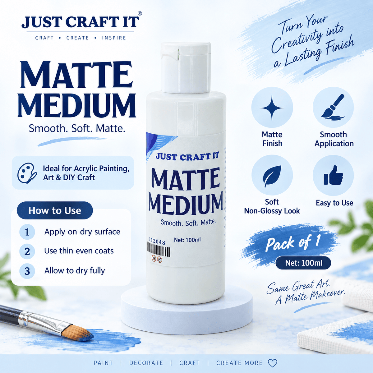 Crafteria Matte Medium – Smooth Soft Matte Finish for Acrylic Painting, Art & DIY Craft | 100 ML | Pack of 1 112048