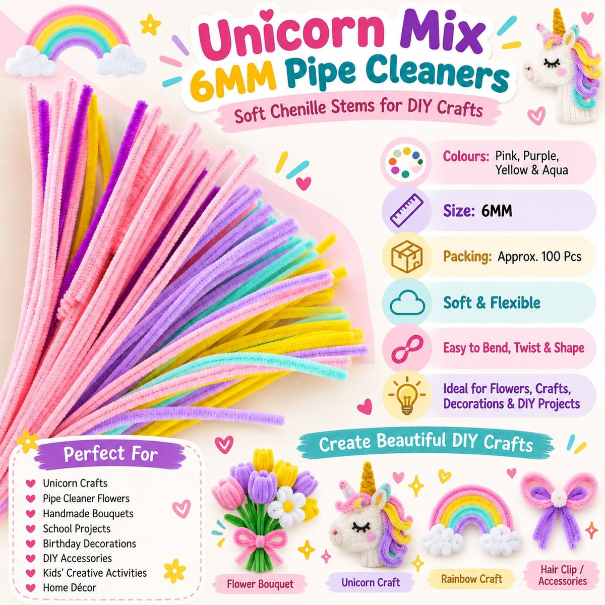 Unicorn Theme Fluffy 6MM Pipe Cleaners for DIY Crafts – Pink, Purple, Yellow & Aqua | Approx. 100 Pcs 133010