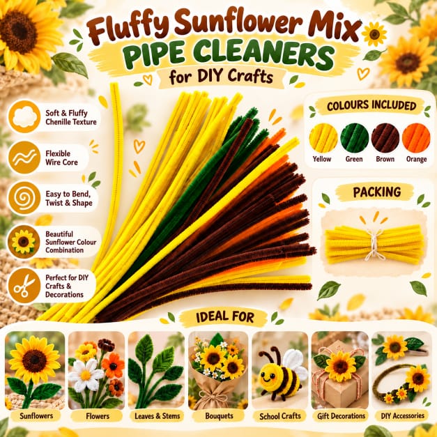 Fluffy Sunflower Mix 6MM Pipe Cleaners for DIY Crafts – Yellow, Green, Brown & Orange | Approx. 100 Pcs
