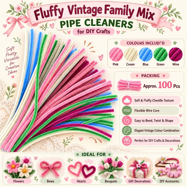 Fluffy Vintage Family Mix 6MM Pipe Cleaners for DIY Crafts – Pink, White, Blue, Green & Wine | Approx. 100 Pcs