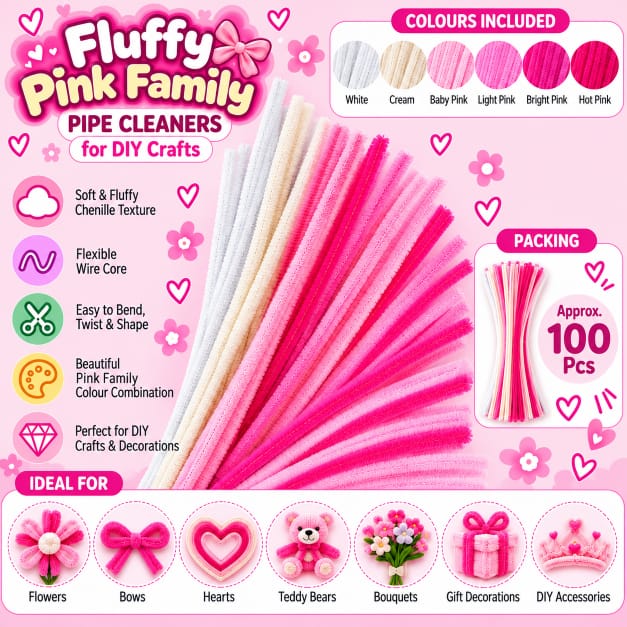 Fluffy Pink Family Mix 6MM Pipe Cleaners for DIY Crafts – White, Cream, Baby Pink & Hot Pink | Approx. 100 Pcs