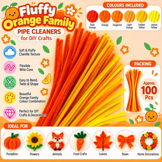 Fluffy Orange Family Mix 6MM Pipe Cleaners for DIY Crafts – Orange, Yellow & Golden Yellow | Approx. 100 Pcs