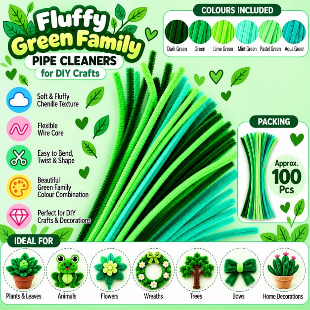 Fluffy Green Family Mix 6MM Pipe Cleaners for DIY Crafts – Lime Green, Bright Green, Mint Green & Dark Green | Approx. 100 Pcs