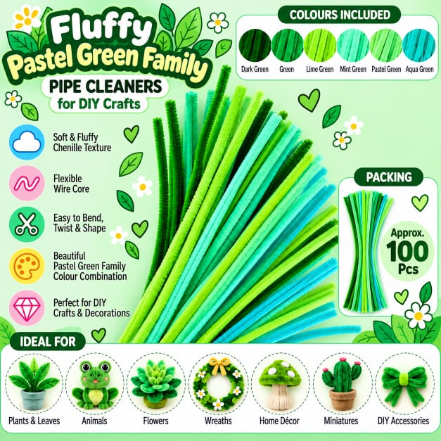 Fluffy Pastel Green Family Mix 6MM Pipe Cleaners for DIY Crafts – Lime Green, Mint Green, Aqua & Dark Green | Approx. 100 Pcs