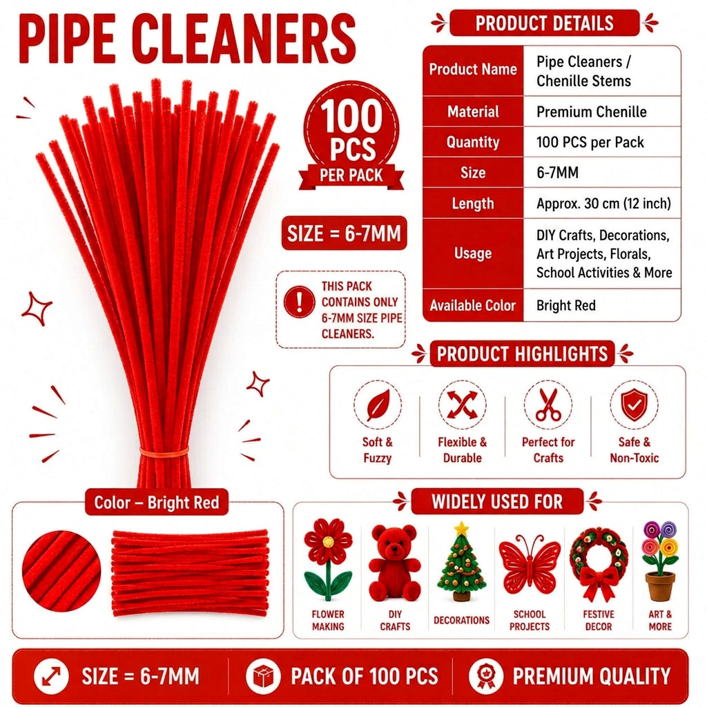 Premium Pipe Cleaners (8MM Approx.) (Bright Red)