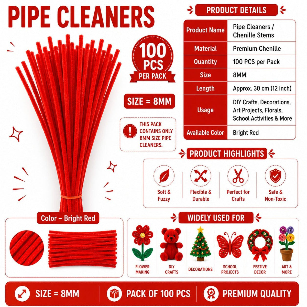 Premium Pipe Cleaners (8MM Approx.) (Bright Red)
