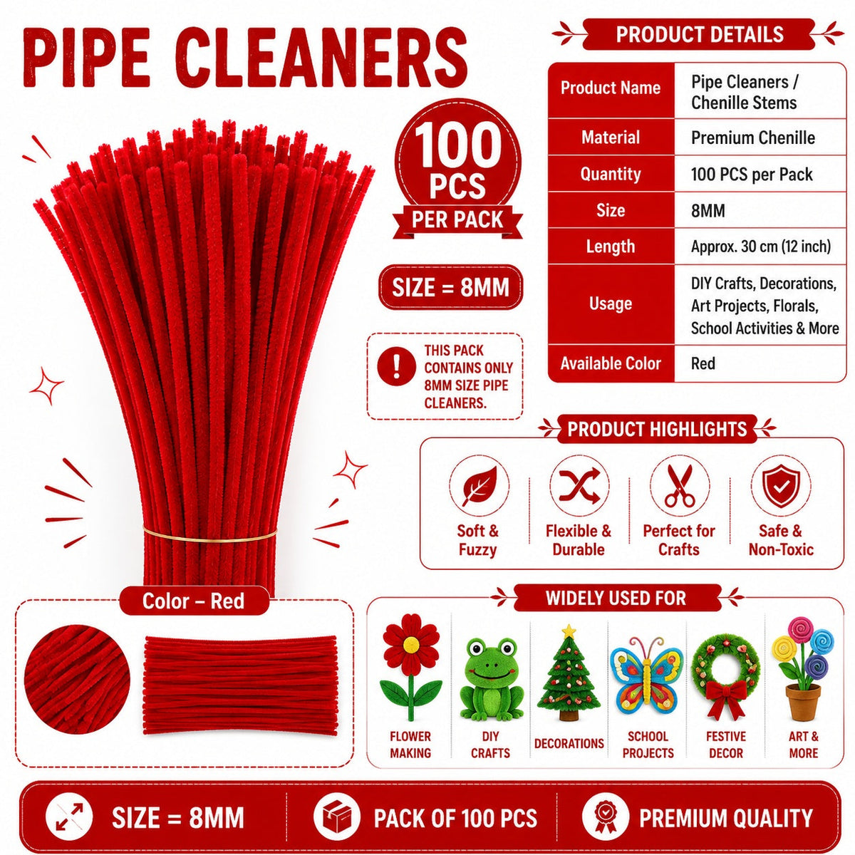 Premium Pipe Cleaners (8MM Approx.) (Red)