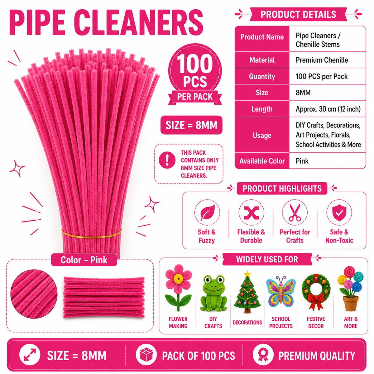 Premium Pipe Cleaners (8MM Approx.) (Pink)