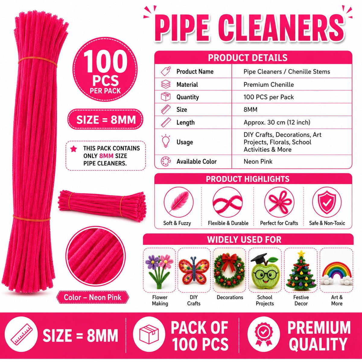 Premium Pipe Cleaners (8MM Approx.) (Neon Pink)