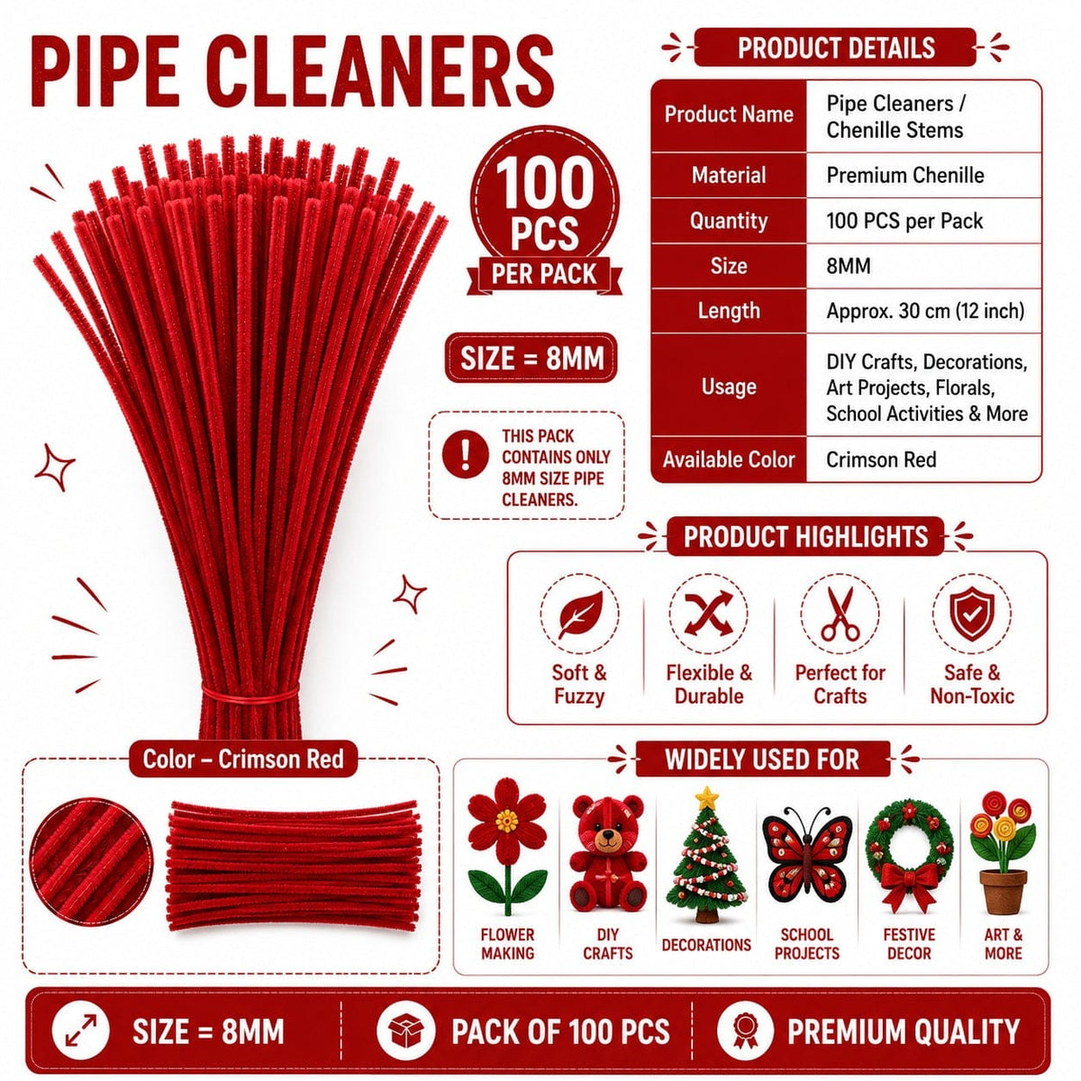 Premium Pipe Cleaners (8MM Approx.) (Crimson Red)