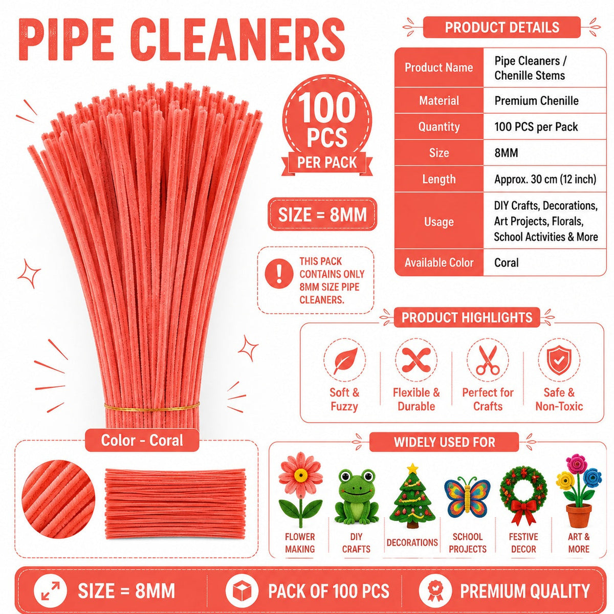 Premium Pipe Cleaners (8MM Approx.) (Coral)