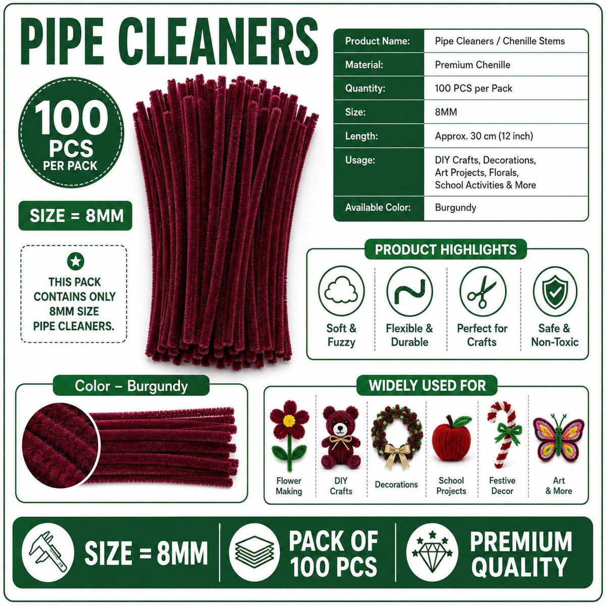 Premium Pipe Cleaners (8MM Approx.) (Burgundy)
