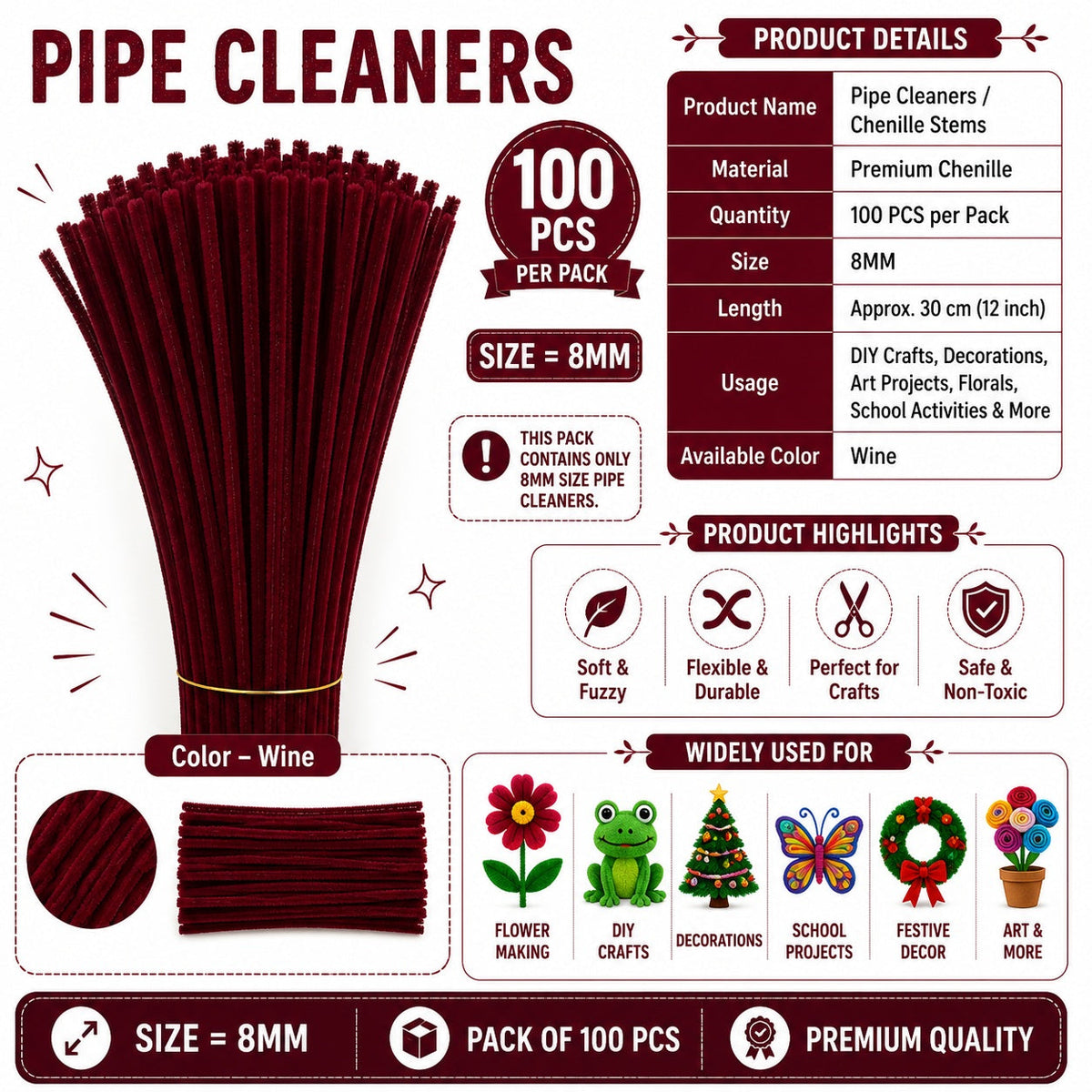 Premium Pipe Cleaners (8MM Approx.) (Wine)