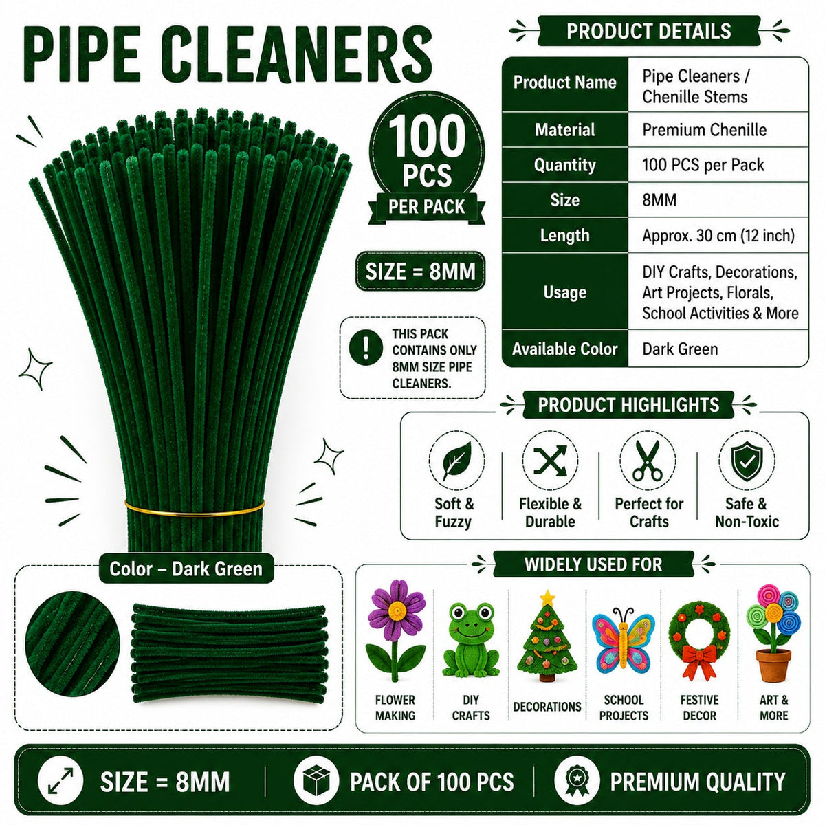 Premium Pipe Cleaners (8MM Approx.) (Dark Green)