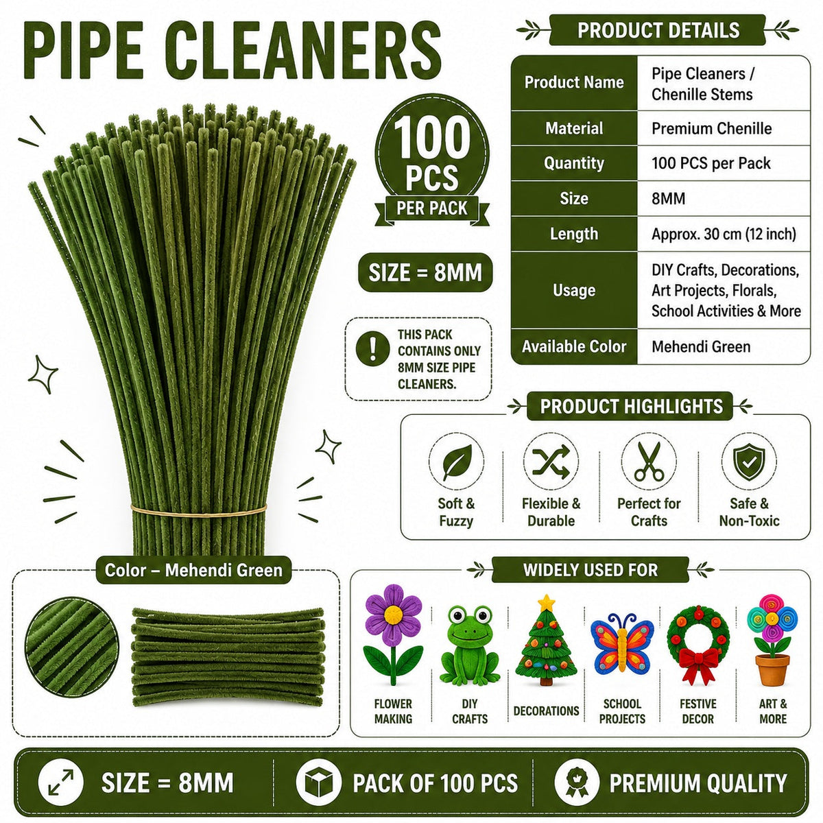 Premium Pipe Cleaners (8MM Approx.) (Mehendi Green)