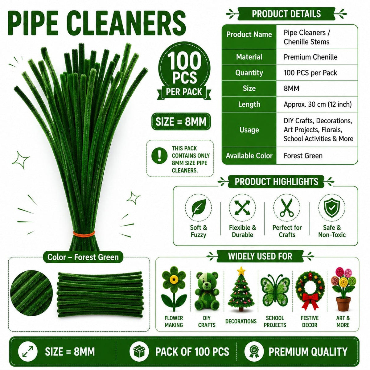 Premium Pipe Cleaners (8MM Approx.) (Forest Green)