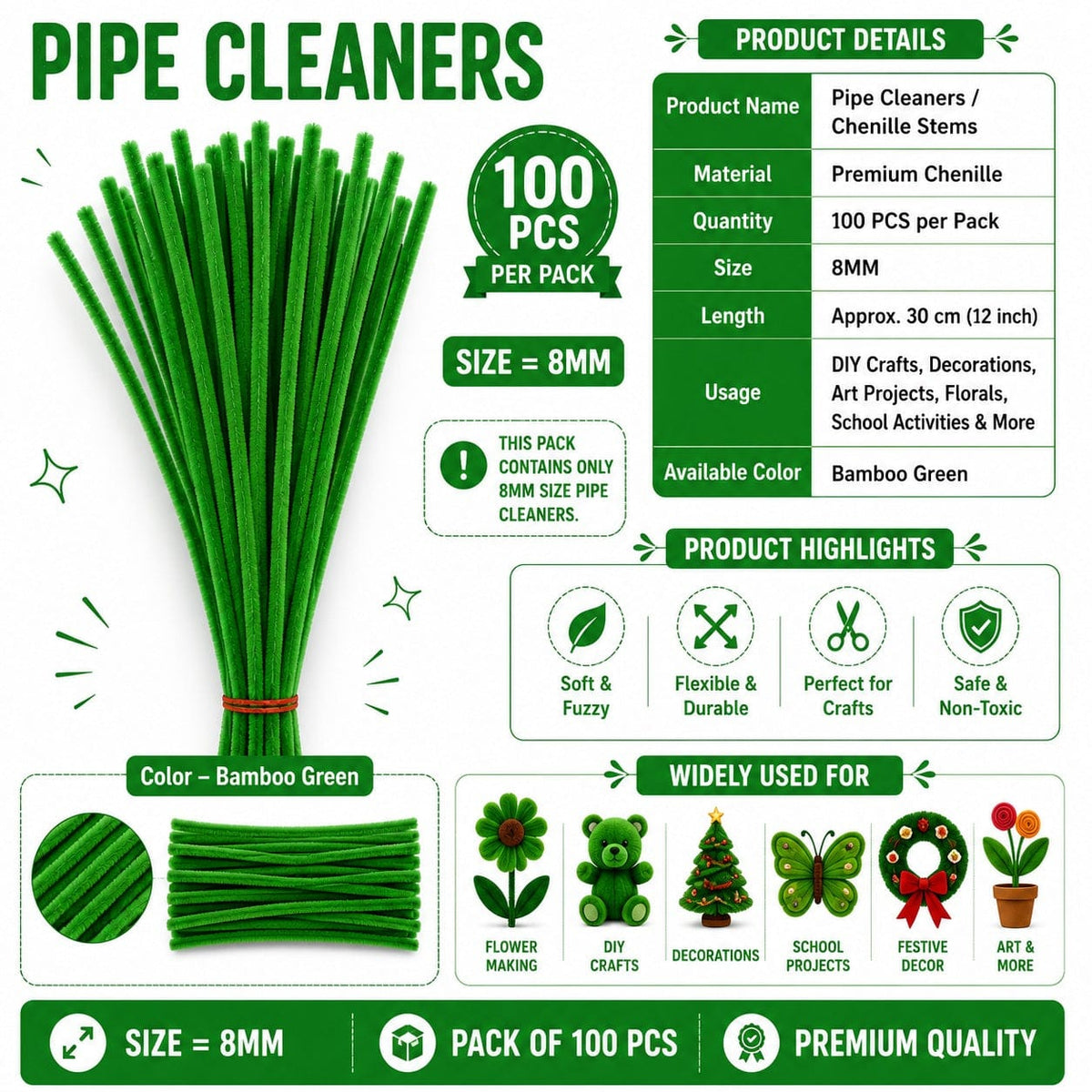 Premium Pipe Cleaners (6-7MM Approx.) (Bamboo Green) 133812