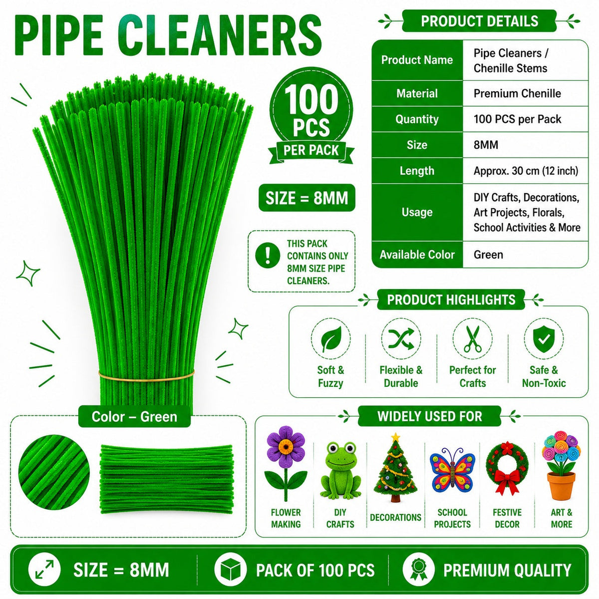 Premium Pipe Cleaners (8MM Approx.) (Green)