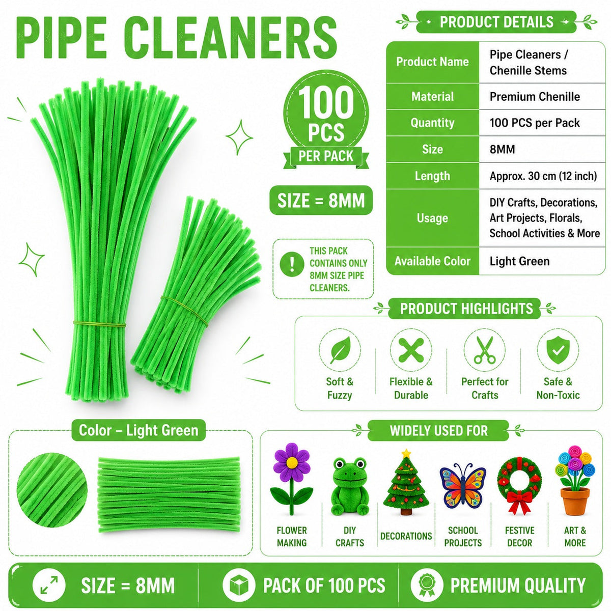 Premium Pipe Cleaners (8MM Approx.) (Light Green)