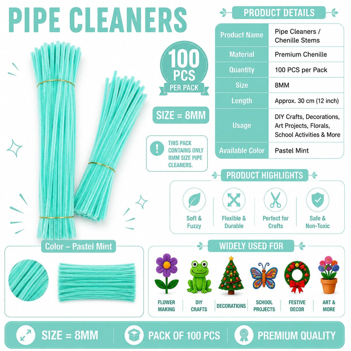 Crafteria Premium Pipe Cleaners (8MM Approx.) (Pastel Mint Green)