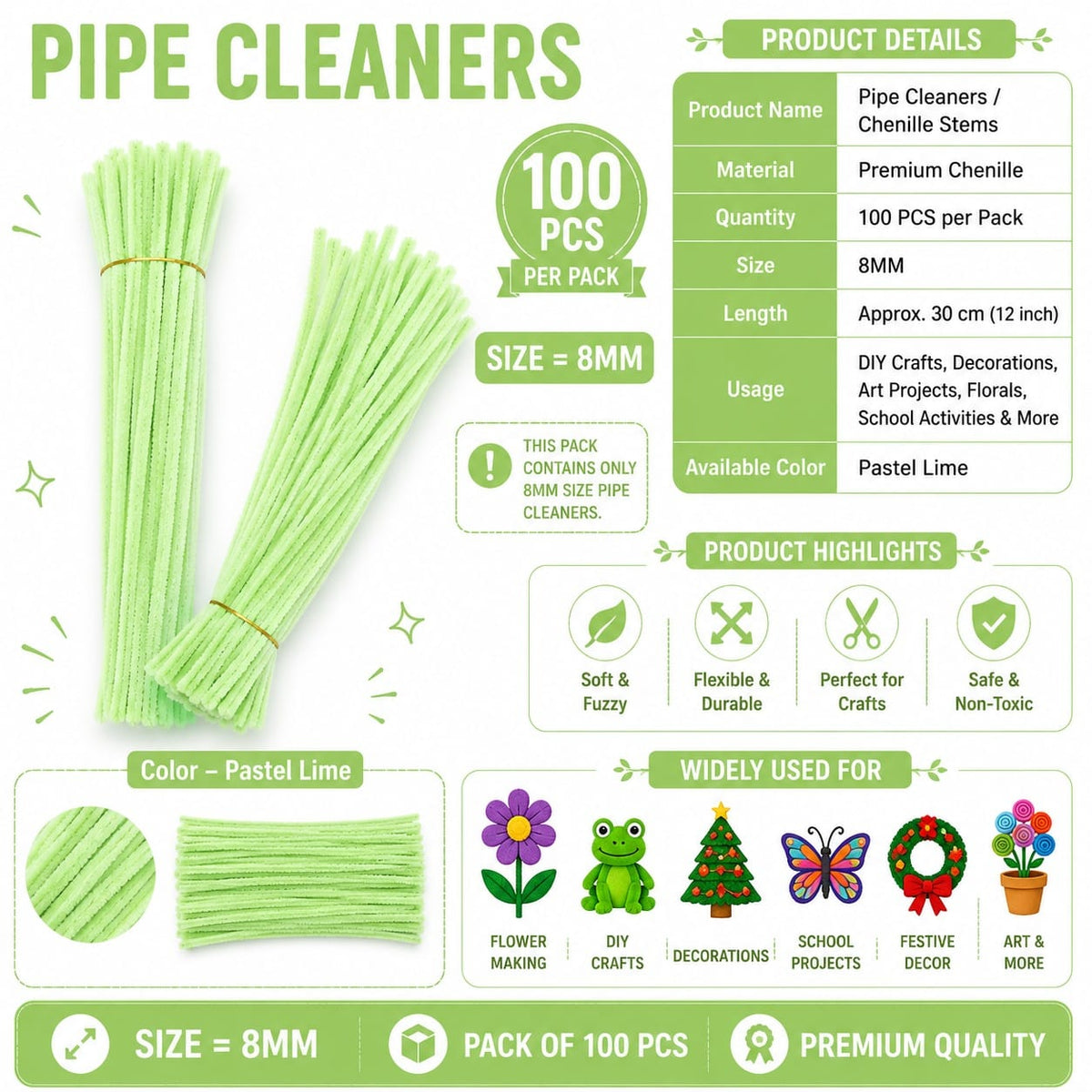 Crafteria Premium Pipe Cleaners (8MM Approx.) (Pastel Lime)