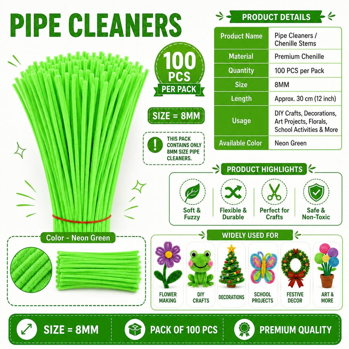 Premium Pipe Cleaners (8MM Approx.) (Neon Green)