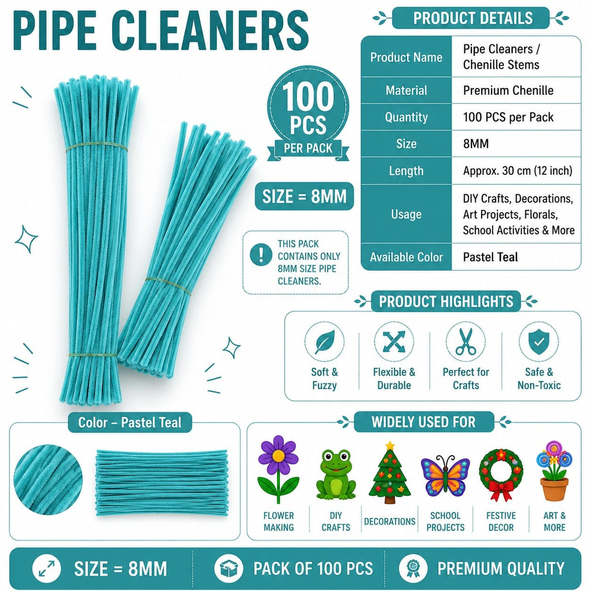 Crafteria Premium Pipe Cleaners (8MM Approx.) (Pastel Teal)