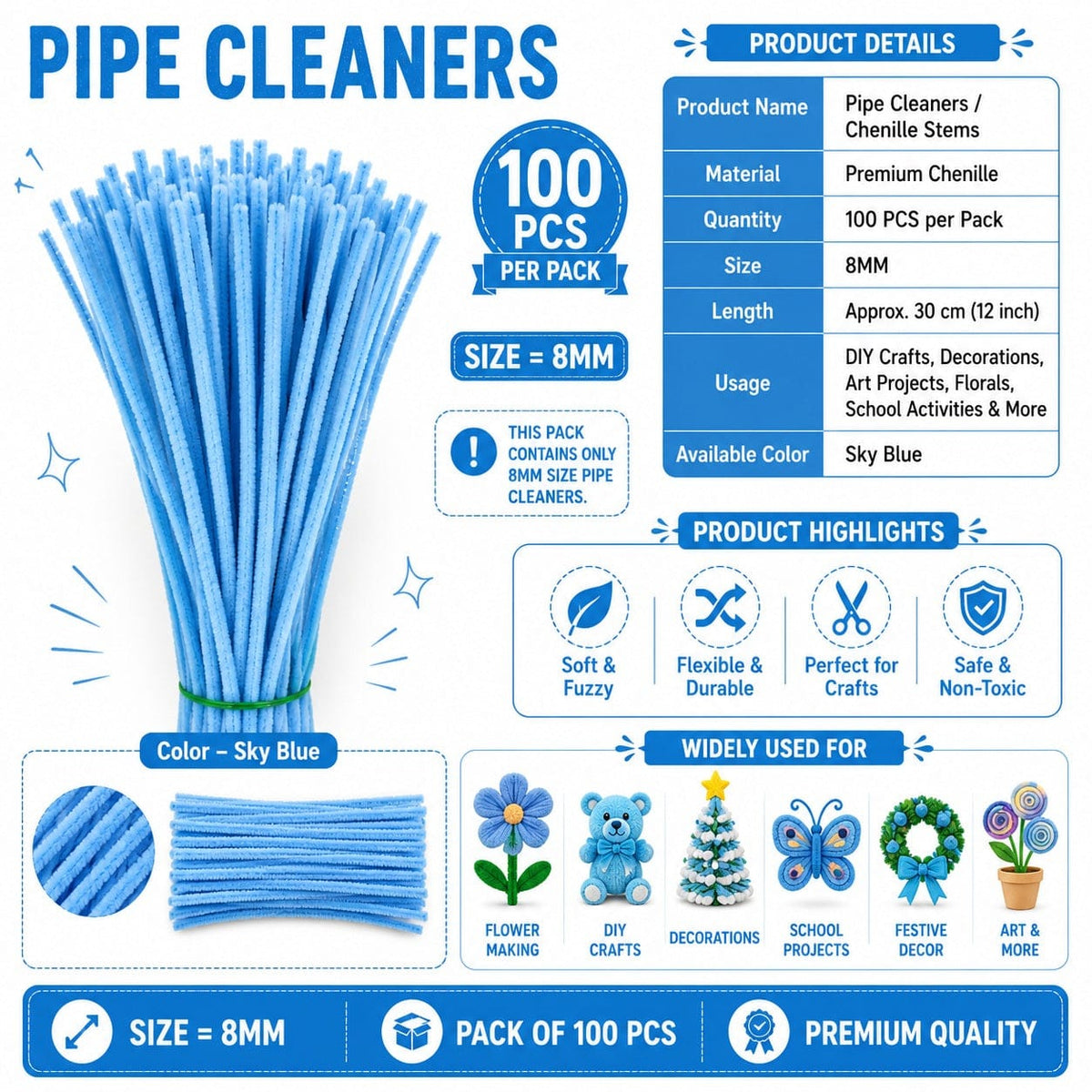 Premium Pipe Cleaners (8MM Approx.) (Sky Blue)