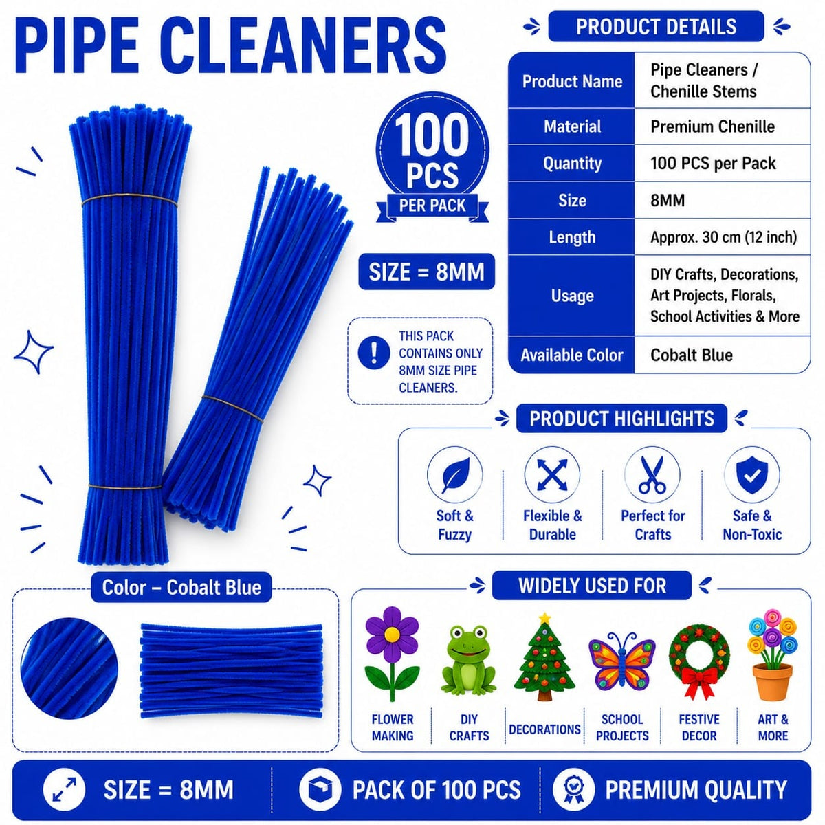 Crafteria Premium Pipe Cleaners (8MM Approx.) (Cobalt Blue)