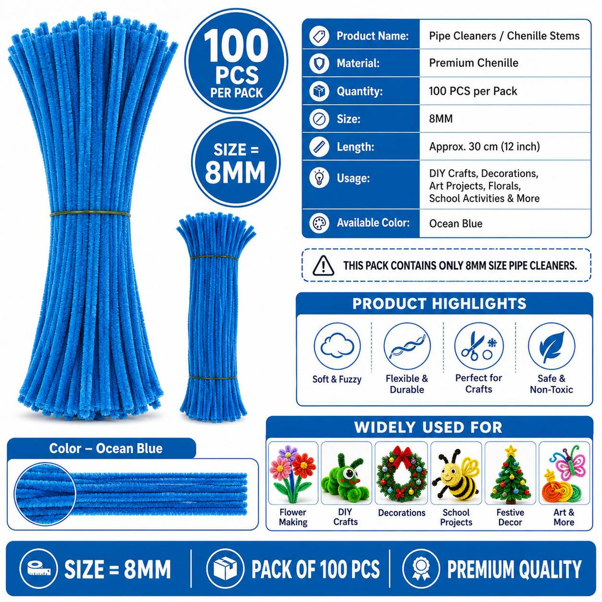 Crafteria Premium Pipe Cleaners (8MM Approx.) (Ocean Blue)