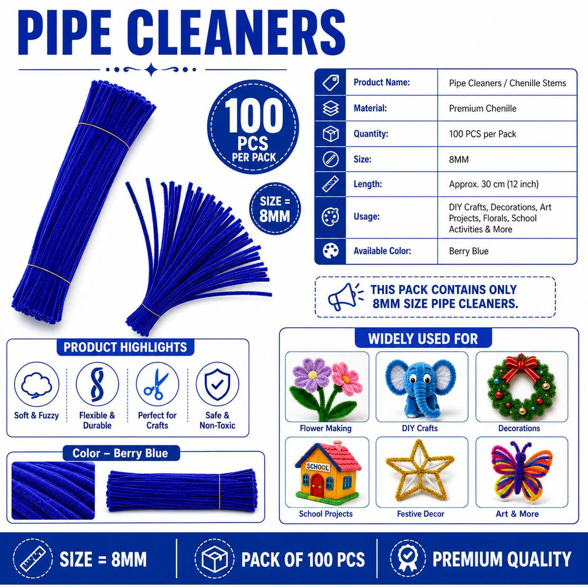 Crafteria Premium Pipe Cleaners (8MM Approx.) (Berry Blue)