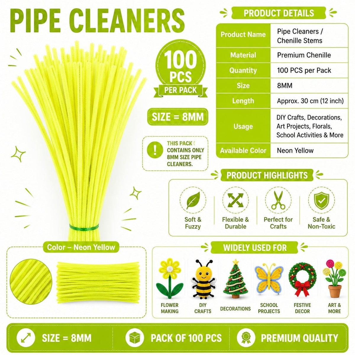 Premium Pipe Cleaners (8MM Approx.) (Neon Yellow)