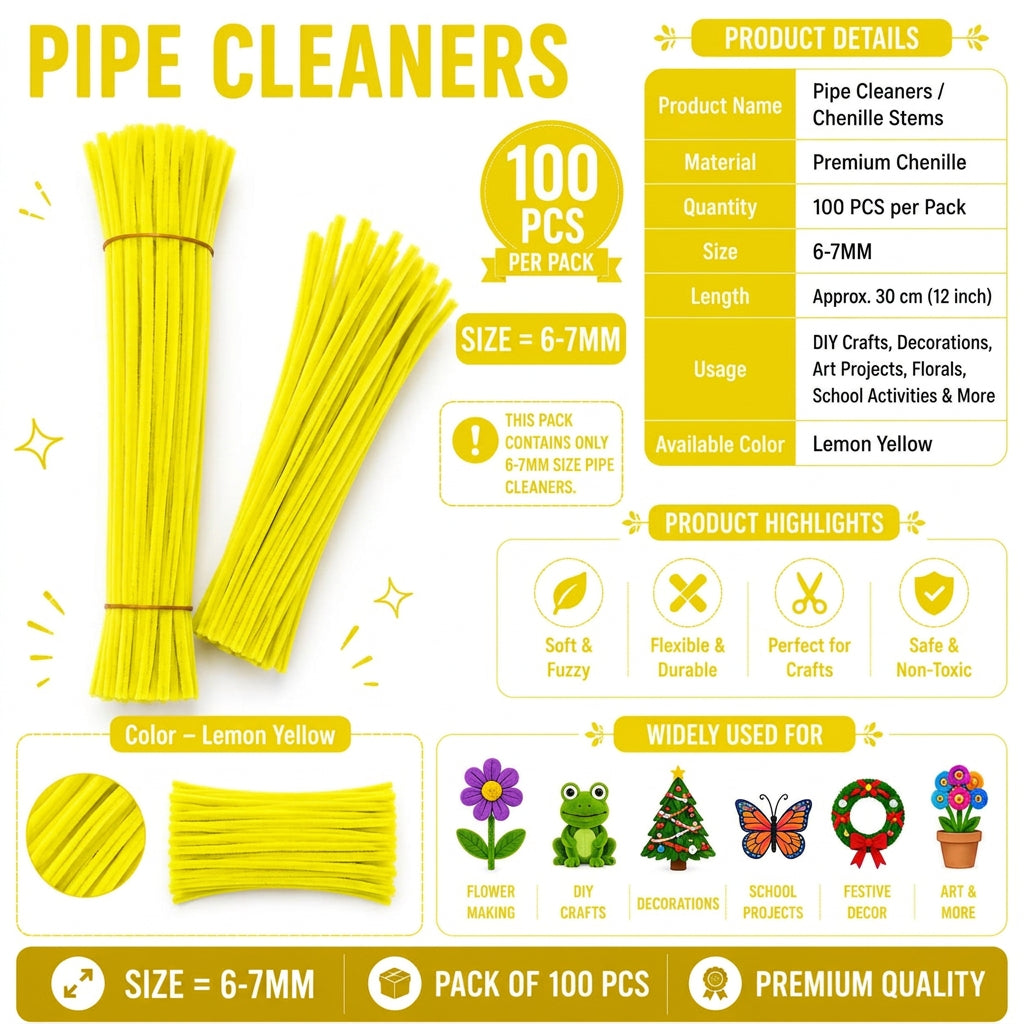 Crafteria Premium Pipe Cleaners (8MM Approx.) (Lemon Yellow)