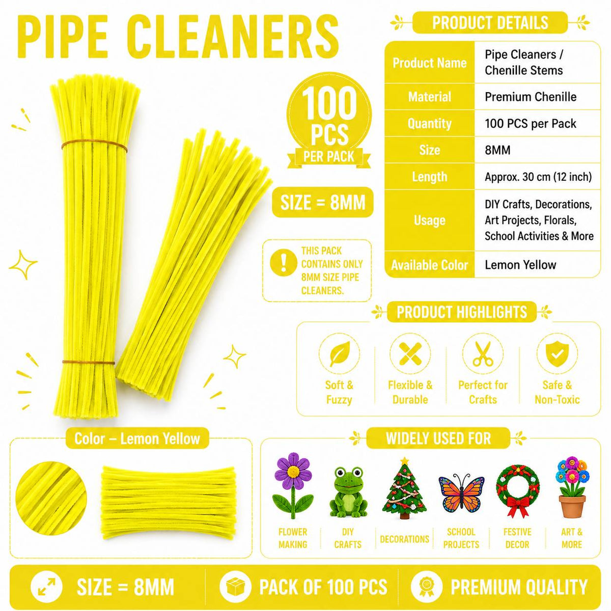 Crafteria Premium Pipe Cleaners (8MM Approx.) (Lemon Yellow)