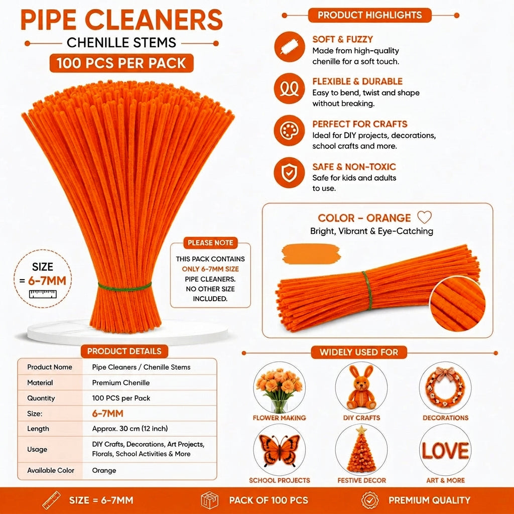 Premium Pipe Cleaners (8MM Approx.) (Orange)