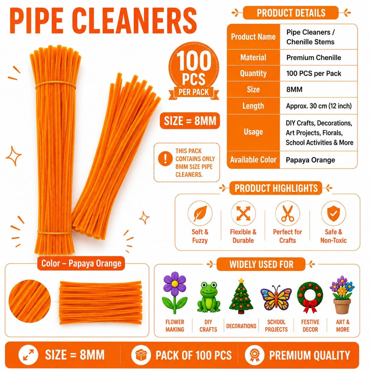 Crafteria Premium Pipe Cleaners (8MM Approx.) (Papaya Orange)