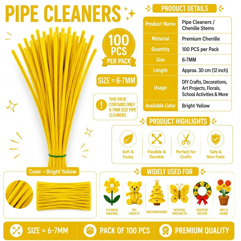 Premium Pipe Cleaners (8MM Approx.) (Bright Yellow)