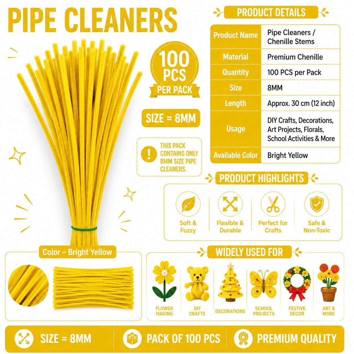 Premium Pipe Cleaners (8MM Approx.) (Bright Yellow)