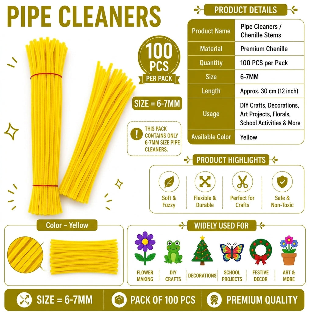 Crafteria Premium Pipe Cleaners (8MM Approx.) (Yellow)