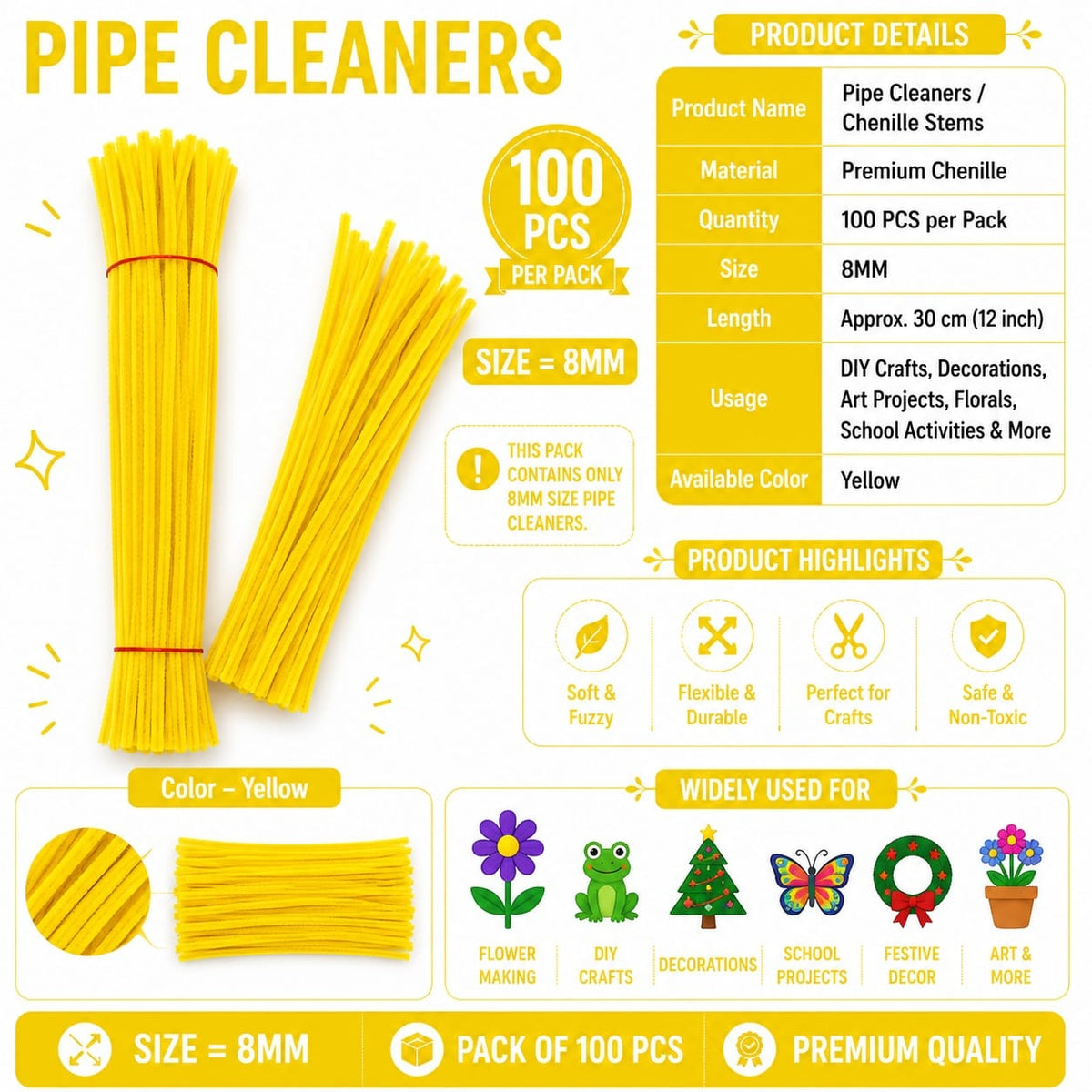 Crafteria Premium Pipe Cleaners (8MM Approx.) (Yellow)