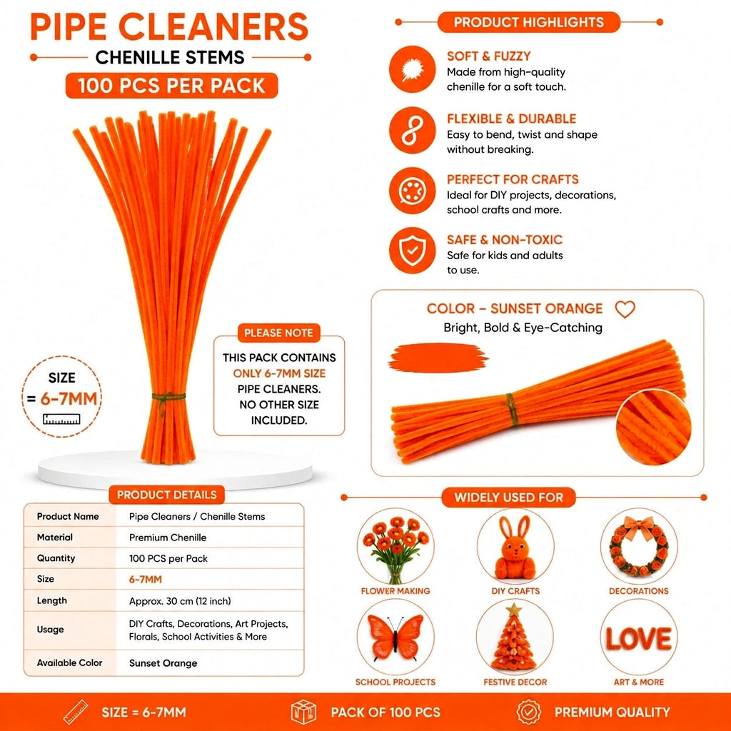 Premium Pipe Cleaners (8MM Approx.) (Sunset Orange)