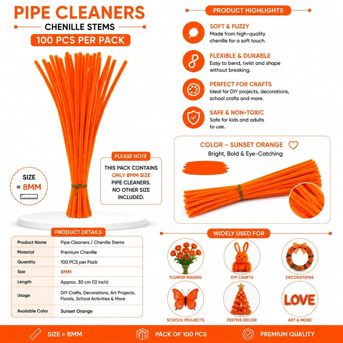 Premium Pipe Cleaners (8MM Approx.) (Sunset Orange)