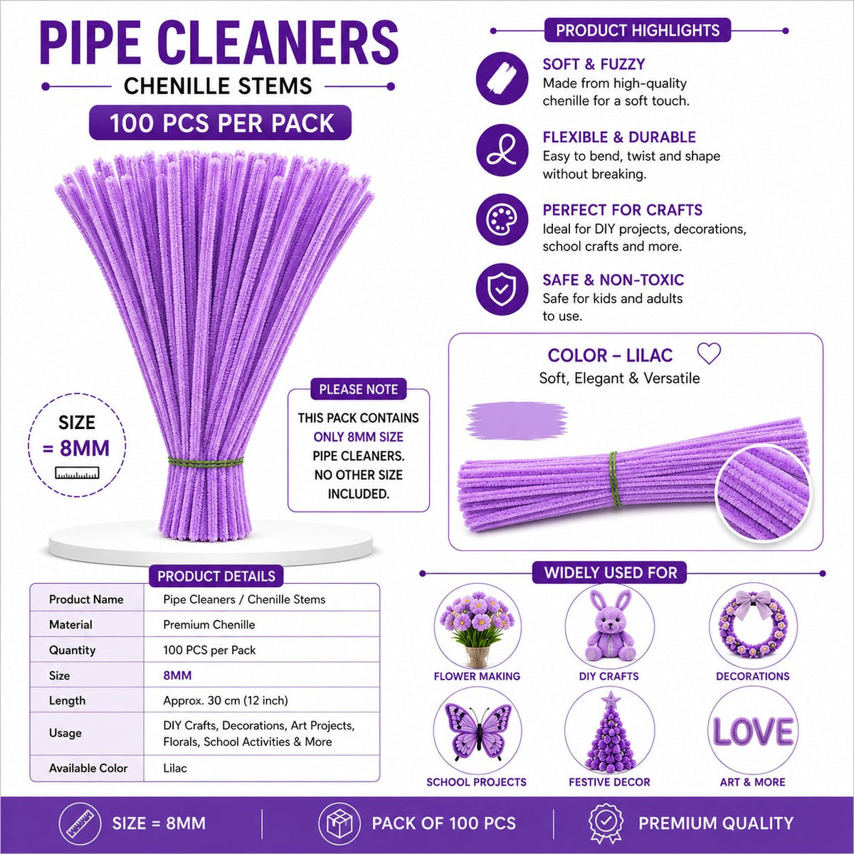 Premium Pipe Cleaners (8MM Approx.) (Lilac)