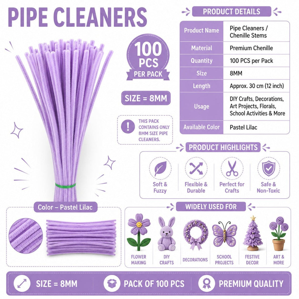 Premium Pipe Cleaners (8MM Approx.) (Pastel Lilac)