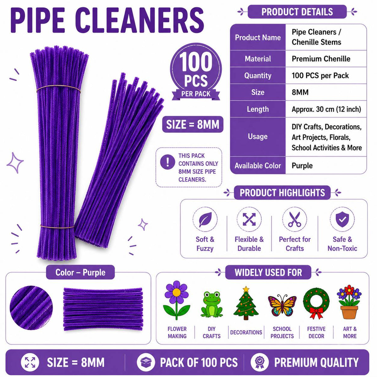Crafteria Premium Pipe Cleaners (8MM Approx.) (Purple)